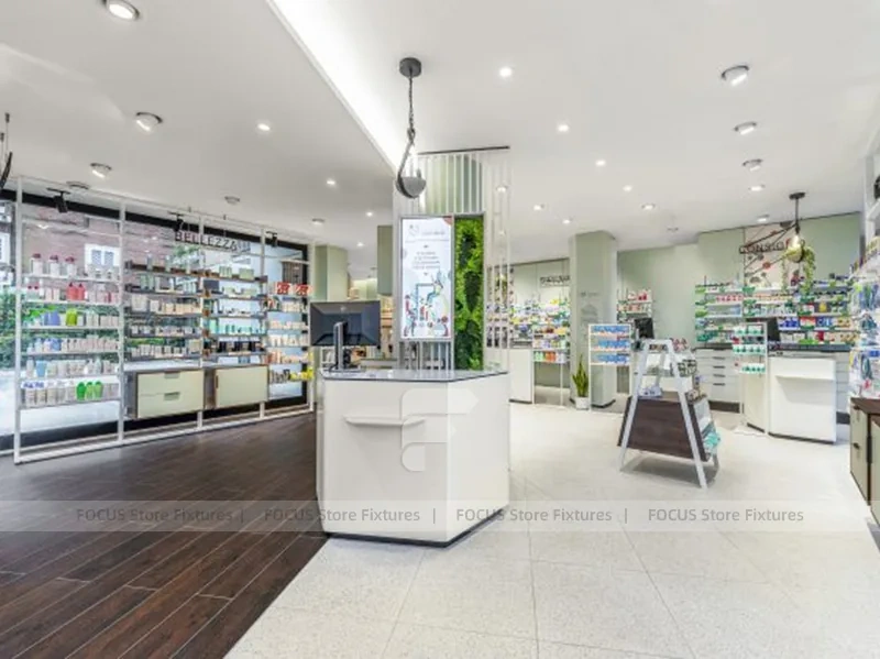 White Green Pharmacy Reception and Wall Shelving Layout