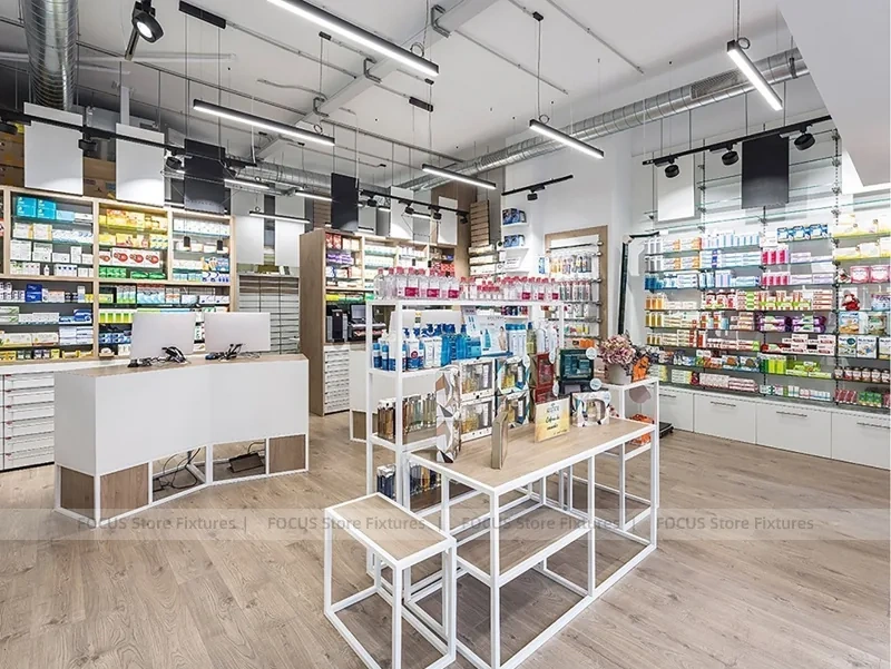 White Industrial Pharmacy Shelving with Mesh Gondola Tables
