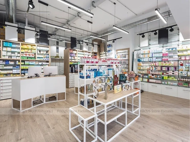 White Industrial Pharmacy Shelving with Mesh Gondola Tables