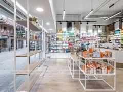 White Industrial Pharmacy Shelving with Mesh Gondola Tables