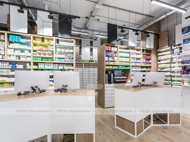 White Industrial Pharmacy Shelving with Mesh Gondola Tables