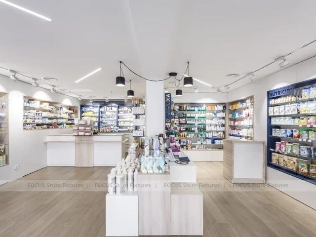 White Industrial Pharmacy Shelving with Mesh Gondola Tables