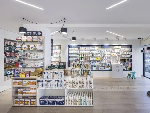 White Industrial Pharmacy Shelving with Mesh Gondola Tables