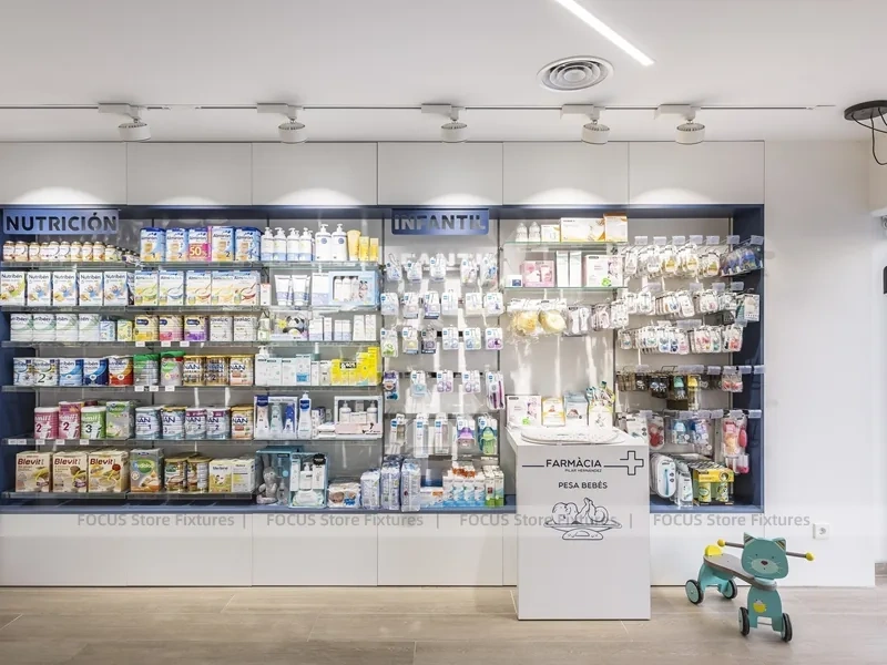 White Industrial Pharmacy Shelving with Mesh Gondola Tables