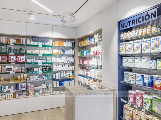 White Industrial Pharmacy Shelving with Mesh Gondola Tables