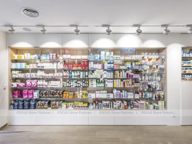 White Industrial Pharmacy Shelving with Mesh Gondola Tables