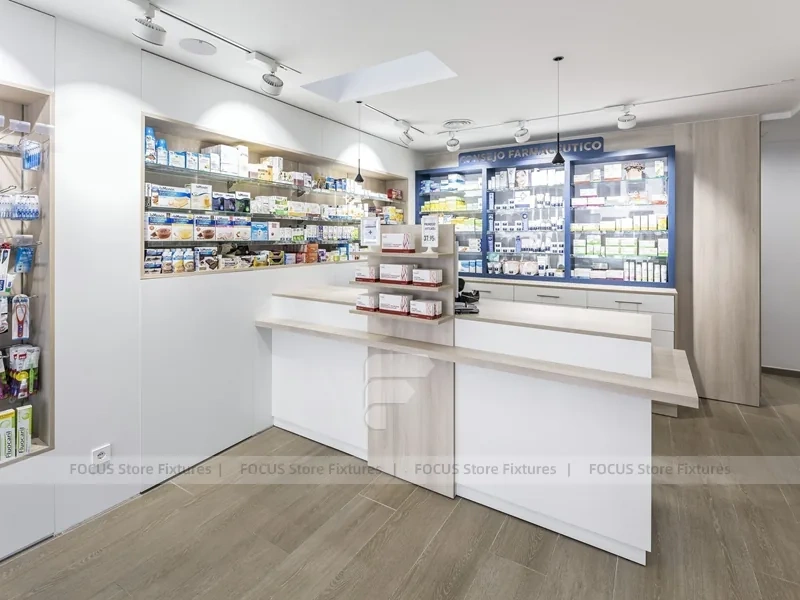 White Industrial Pharmacy Shelving with Mesh Gondola Tables