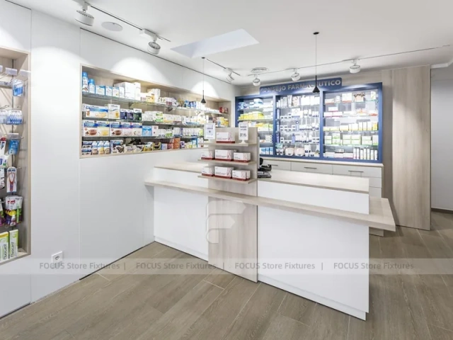 White Industrial Pharmacy Shelving with Mesh Gondola Tables
