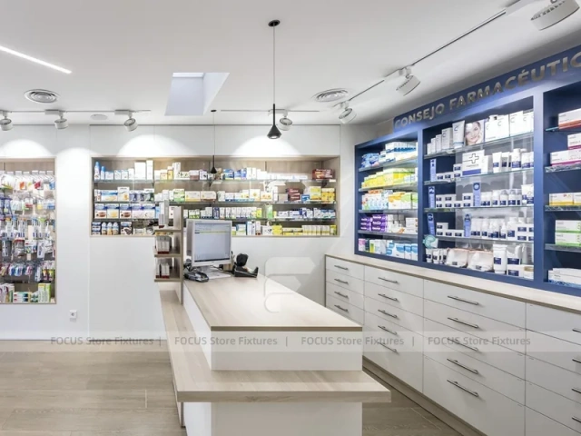 White Industrial Pharmacy Shelving with Mesh Gondola Tables
