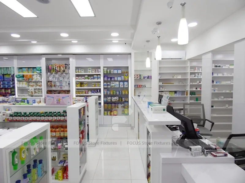 White Lime Pharmacy Gondola and Counter Retail Layout