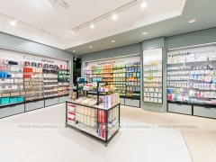 White Linear Pharmacy Counter and Gondola Display Layout