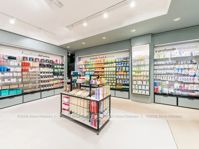 White Linear Pharmacy Counter and Gondola Display Layout