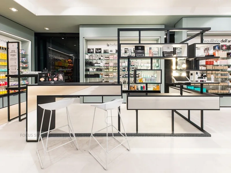 White Linear Pharmacy Counter and Gondola Display Layout
