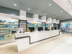 White Linear Pharmacy Counter and Gondola Display Layout