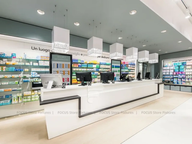 White Linear Pharmacy Counter and Gondola Display Layout