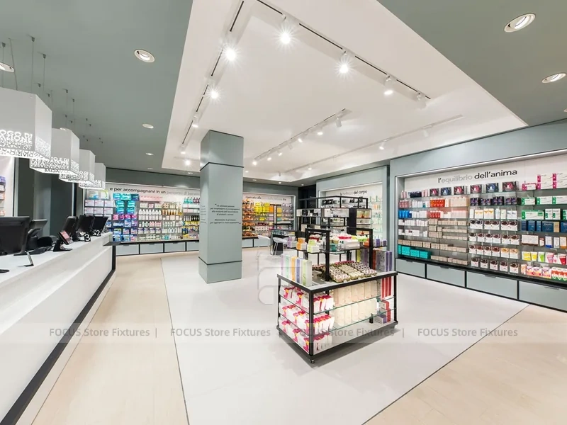 White Linear Pharmacy Counter and Gondola Display Layout