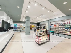 White Linear Pharmacy Counter and Gondola Display Layout