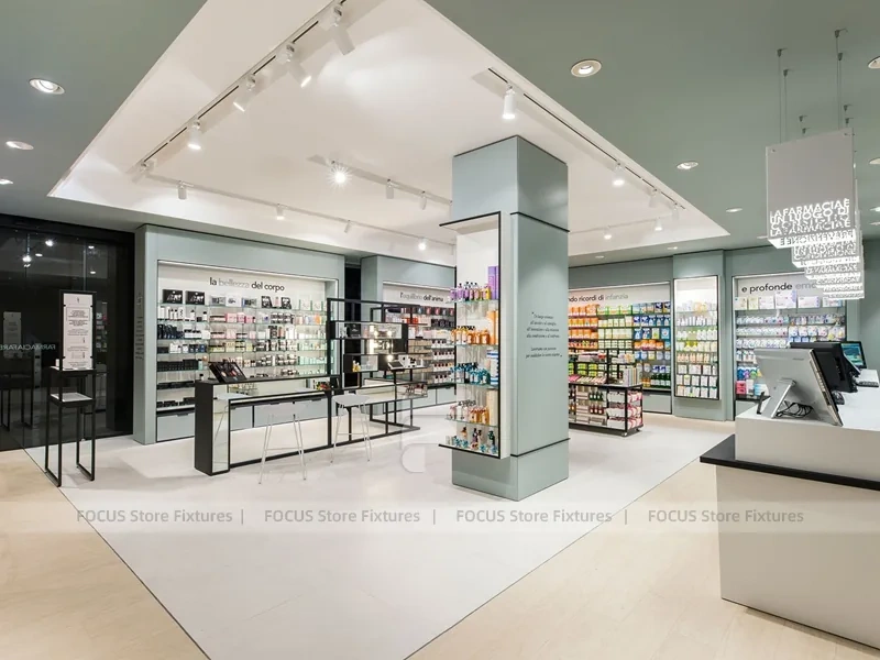 White Linear Pharmacy Counter and Gondola Display Layout