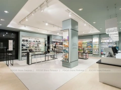 White Linear Pharmacy Counter and Gondola Display Layout