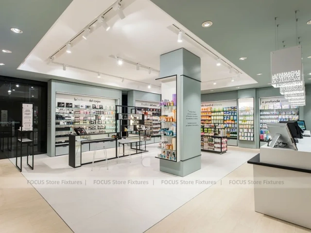 White Linear Pharmacy Counter and Gondola Display Layout