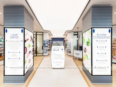 White Linear Pharmacy Counter and Gondola Display Layout