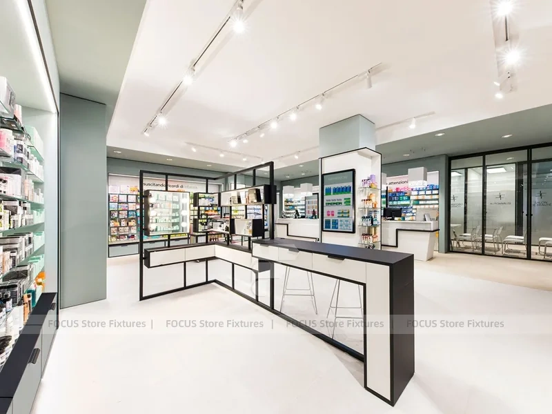 White Linear Pharmacy Counter and Gondola Display Layout