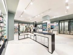 White Linear Pharmacy Counter and Gondola Display Layout