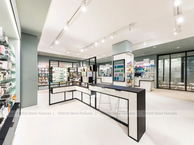 White Linear Pharmacy Counter and Gondola Display Layout