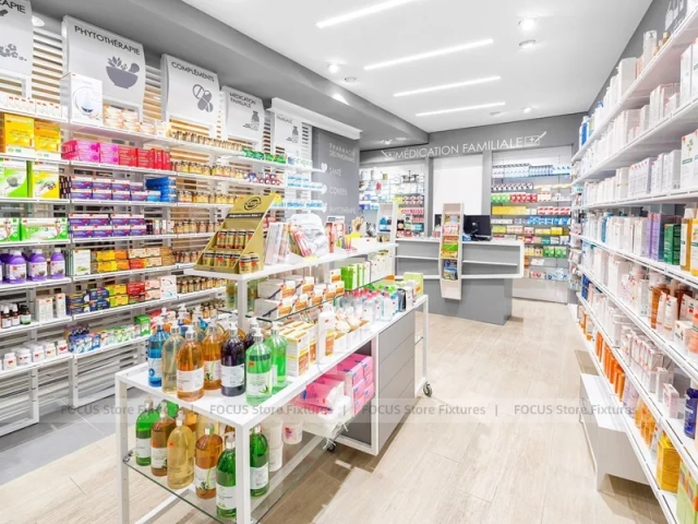 White Linear Pharmacy Wall Shelving Layout