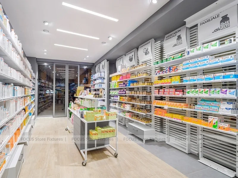 White Linear Pharmacy Wall Shelving Layout