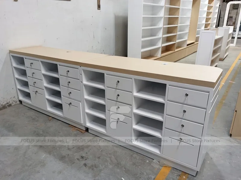 White Pharmacy Cashier Counter with Storage Drawers