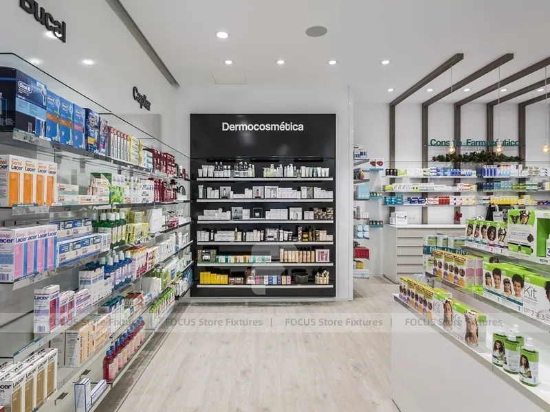 White Pharmacy Checkout Counter and Wall Shelving