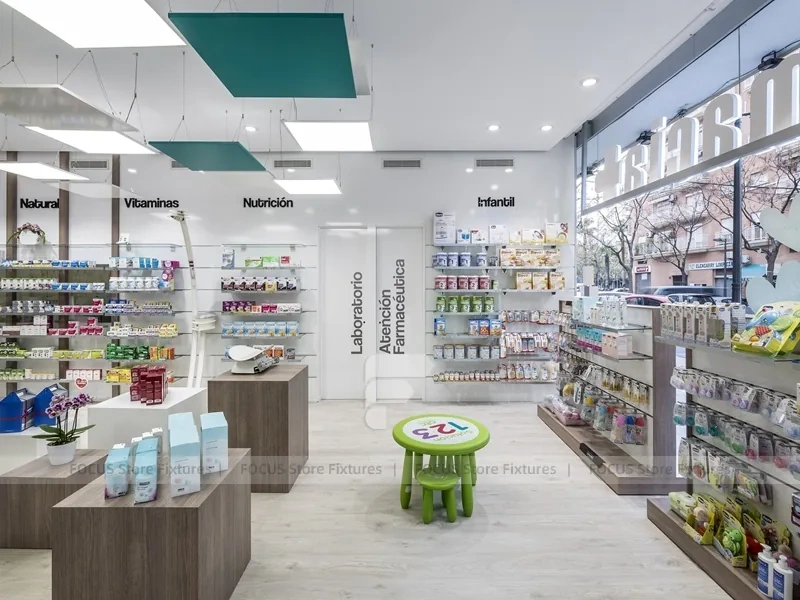 White Pharmacy Checkout Counter and Wall Shelving