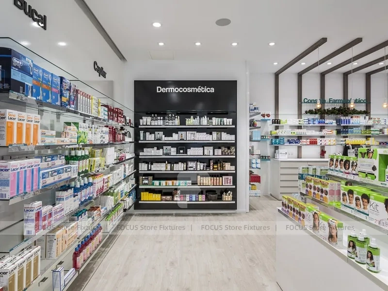 White Pharmacy Checkout Counter with Black Signage Wall