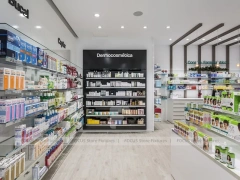 White Pharmacy Checkout Counter with Black Signage Wall