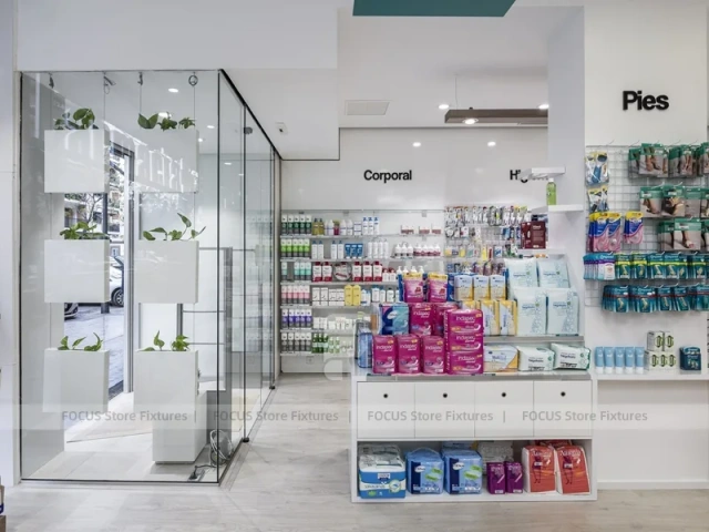 White Pharmacy Checkout Counter with Black Signage Wall