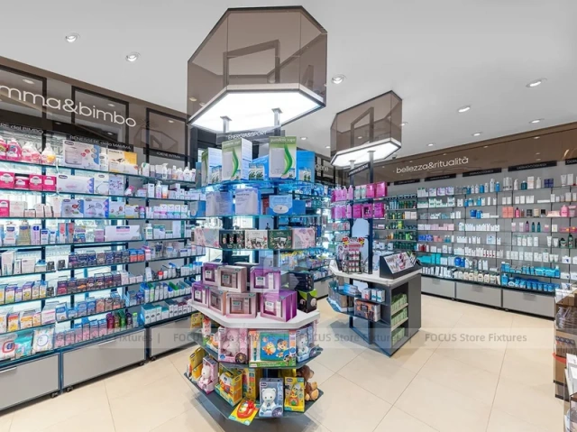 White Pharmacy Checkout Counter with Central Gondola Display