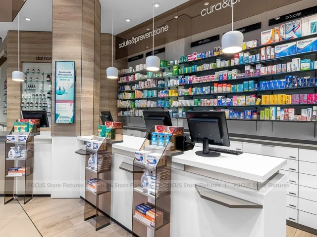 White Pharmacy Checkout Counter with Central Gondola Display