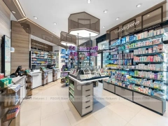 White Pharmacy Checkout Counter with Central Gondola Display