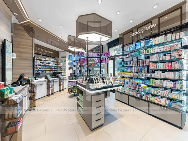 White Pharmacy Checkout Counter with Central Gondola Display