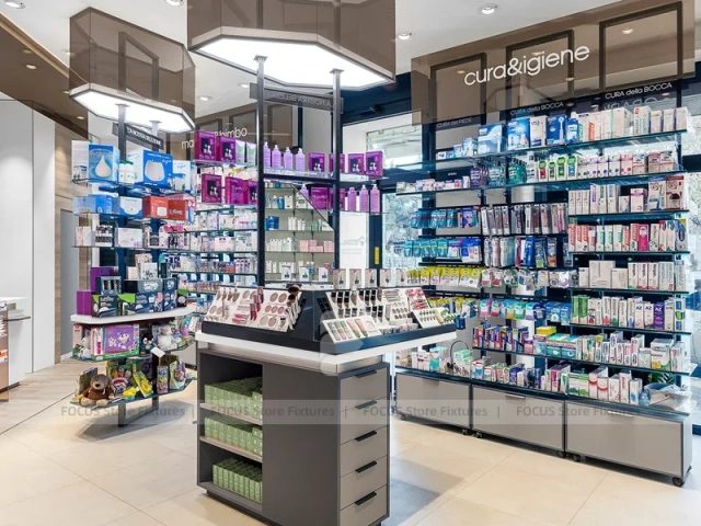 White Pharmacy Checkout Counter with Central Gondola Display
