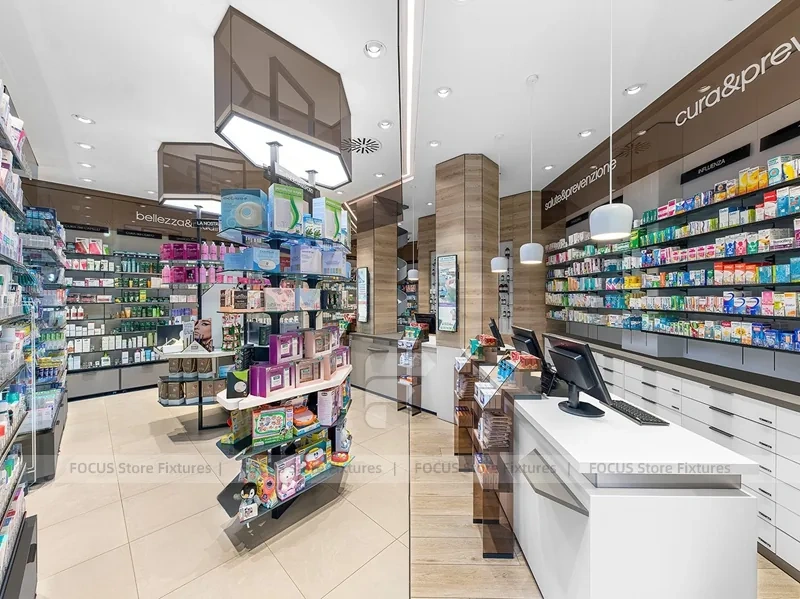 White Pharmacy Checkout Counter with Central Gondola Display