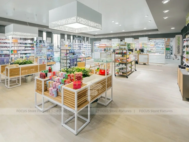 White Pharmacy Consultation Island with Glass Display Frame