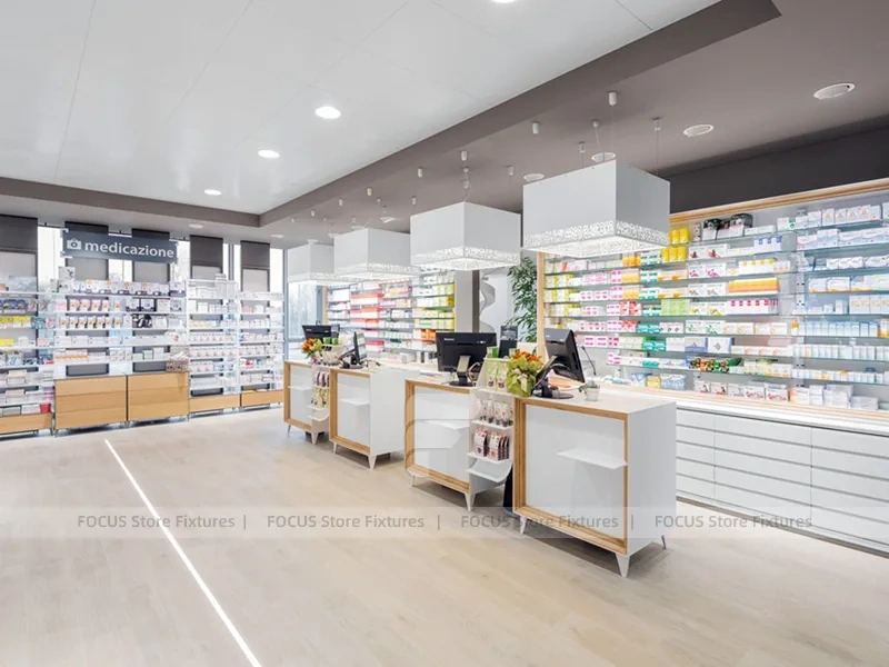 White Pharmacy Consultation Island with Glass Display Frame