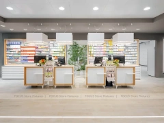 White Pharmacy Consultation Island with Glass Display Frame