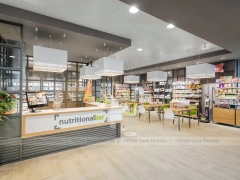 White Pharmacy Counter Island with Glass Display Canopy