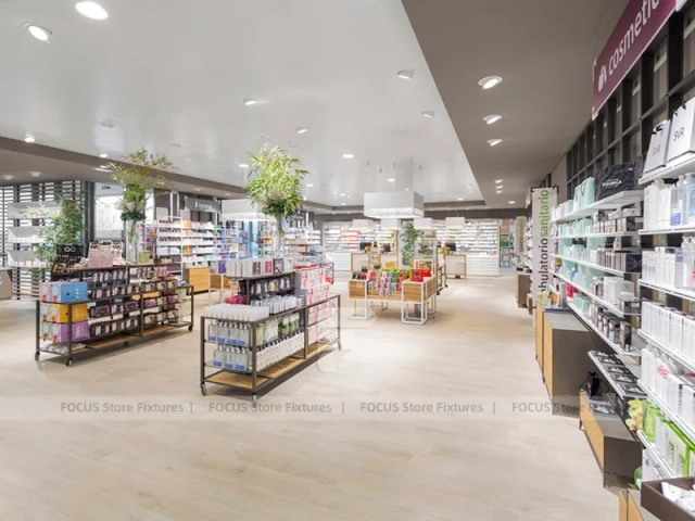 White Pharmacy Counter Island with Glass Display Canopy