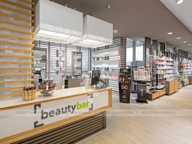 White Pharmacy Counter Island with Glass Display Canopy