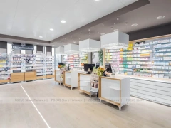 White Pharmacy Counter Island with Glass Display Canopy