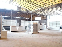 White Pharmacy Counter and Wall Shelf Fixture Set with Product Bays